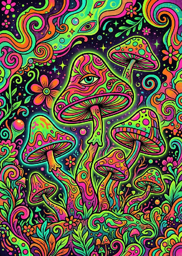 Färgglad retro psykedelisk popkonstillustration av svampar. Levande rosa, orange, gul, blå, gröna färger.