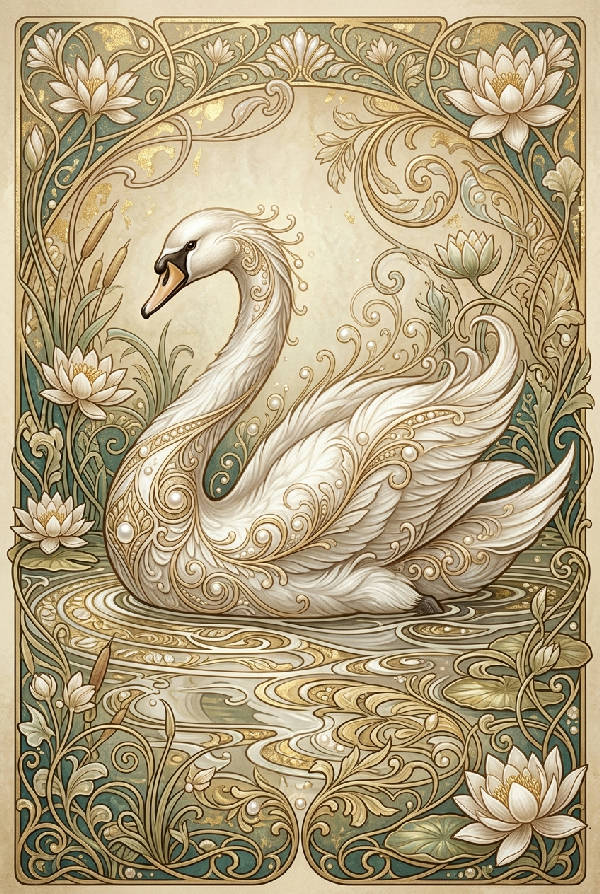 Elegant svan i Art Nouveau-stil med flödande fjädrar och intrikata organiska linjer i pärl- och guldfärger, porträttformat.