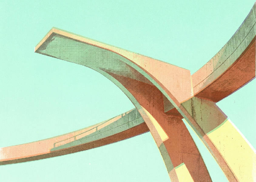 Surrealistisk betongdykbräda med svepande kurva mot tom himmel. Retro risograftryck i mintgrönt, persika, terrakotta och citrongult med geometriska skuggor.