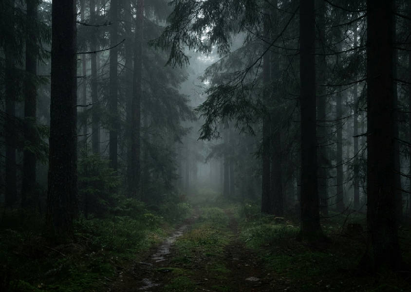 En smal, dimmig skogsstig slingrar sig förbi mörka tallar i en skandinavisk skog, med begränsat ljus och djupa skuggor.