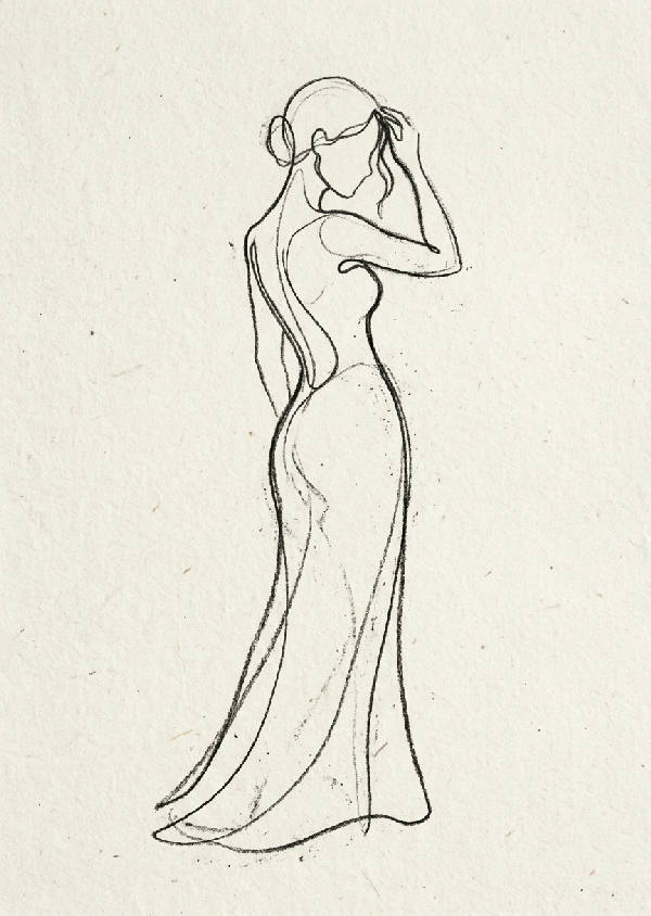 Stiliserad line art-silhuett av en ansiktsprofil ritad med kolkrita på ett vitt papper