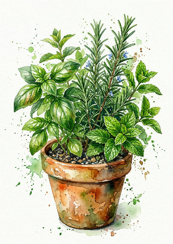 Närbild av en akvarellmålning föreställande olika köksörter med gröna blad och tunna stjälkar.
