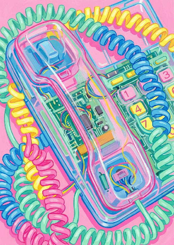 Levande gouacheillustration av en genomskinlig rosa och blå 90-tals telefon med hoptrasslad sladd.