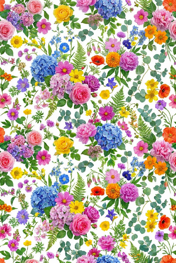 Närbild av ett detaljerat och färgglatt repeterande blommigt mönster på en vit bakgrund, tryckt på en poster i porträttformat.