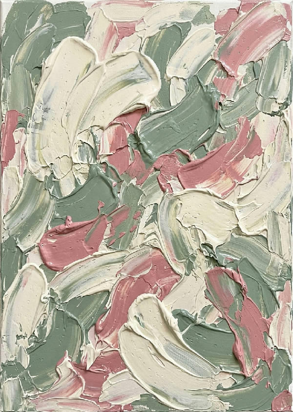 Texturerad abstrakt impasto konst med tjocka penseldrag i salviagrön och mjuk rosa. Dynamiskt, modernt stående konstverk.