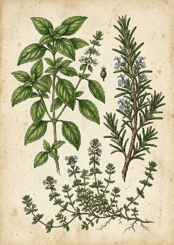 Detaljerad botanisk plansch med olika köksörter i en vintage illustrativ stil, grön och brun. Vertikal orientering.