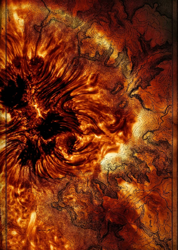 Vertikalt digitalt collage som kombinerar eldröda solplasmatexturer med intrikata topografiska kartkonturer i orange och svart.