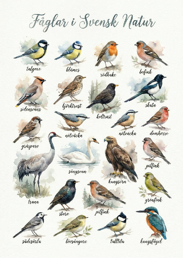 Mjuk akvarellillustration av över tjugo svenska fåglar som talgoxe, blåmes och rödhake i en flödande, drömsk komposition med texten Fåglar i Svensk Natur överst.