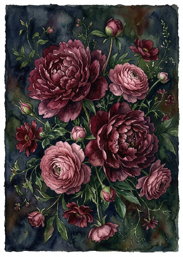 Närbild på mörka, romantiska pioner målade med akvarellteknik i mjuka rosa och lila nyanser. Blommorna fyller bilden i porträttformat.