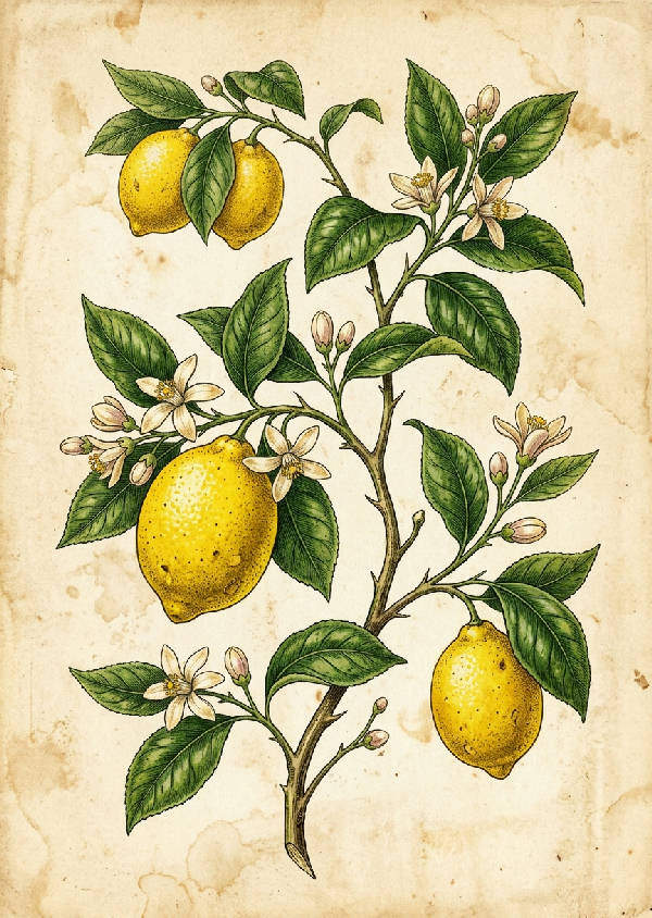 En varm vintage-illustration av mogna citroner med blad, avbildade i en porträttorientering med en mjuk gul färgpalett.