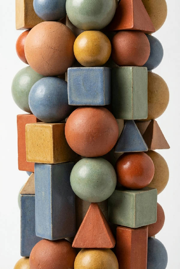 Närbild av fotorealistiska leraorber och geometriska former arrangerade på en orörd vit bakgrund, minimalistisk