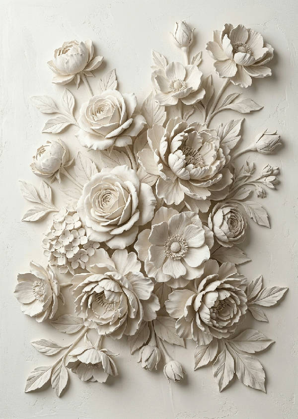 Närbild av tredimensionella vita blommor med texturerade kronblad, konstnärligt arrangerade i stående format.