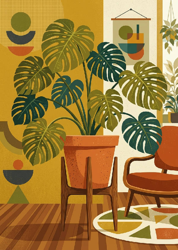 Närbild av en stiliserad monstera-växt i mid-century modern stil med grafiska gröna blad