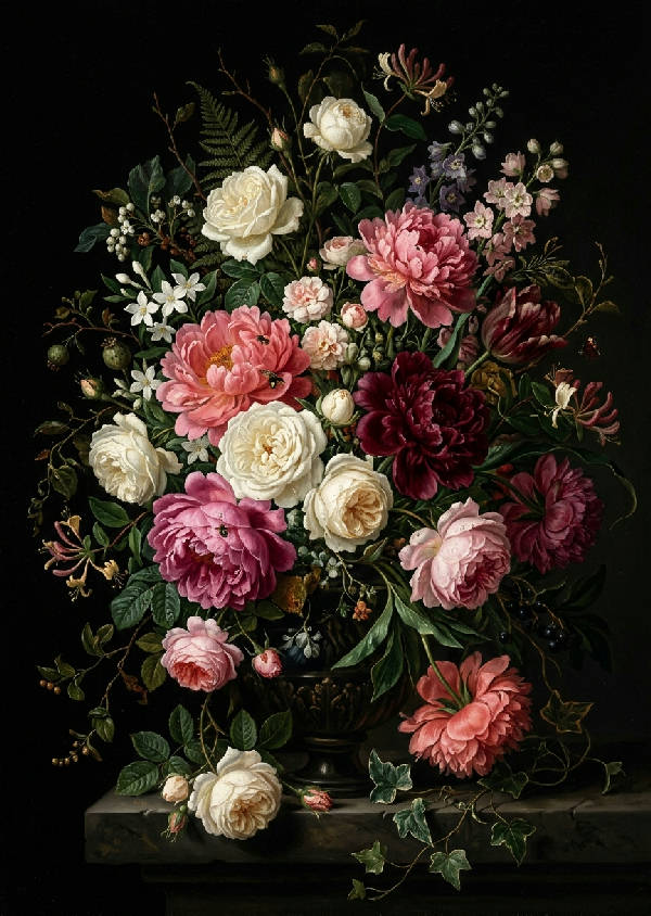 En porträttbild av en frodig, dramatisk blomsterbukett i vintage-stil med lila och mörka toner mot en djupt skuggad bakgrund.