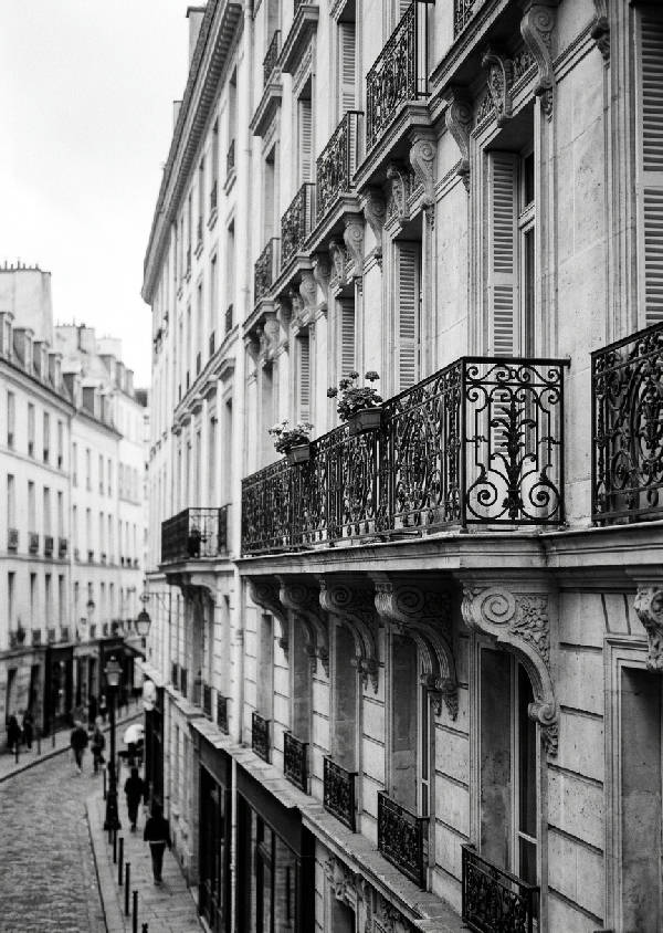Svartvitt porträttfoto av klassisk parisisk arkitektur med detaljerade fasader och balkonger i Paris.