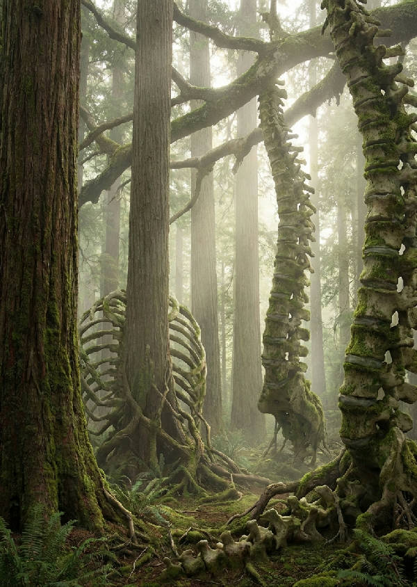 Hyperrealistisk, surrealistisk bred bild av en massiv gammal redwoodskog där trädstammar är stora mänskliga ryggrader av levande ben och mossa, med rötter som bildar kotor som försvinner ner i jorden. Mjukt solljus filtrerar genom lövverket.