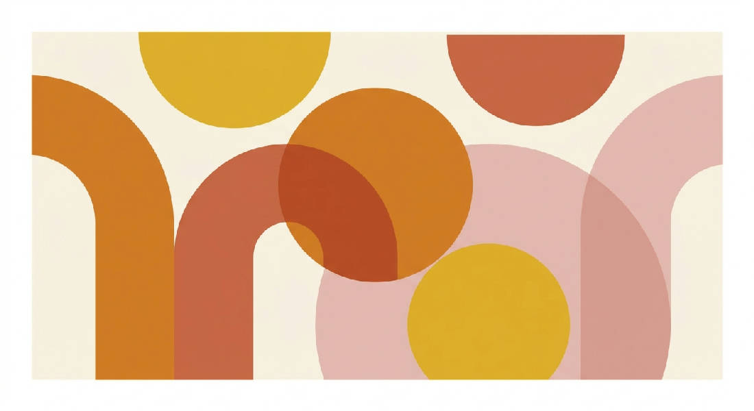 Abstrakt geometrisk komposition med överlappande cirklar och bågar i mustardgul, bränd orange, terrakotta, dammig rosa och gräddvit.