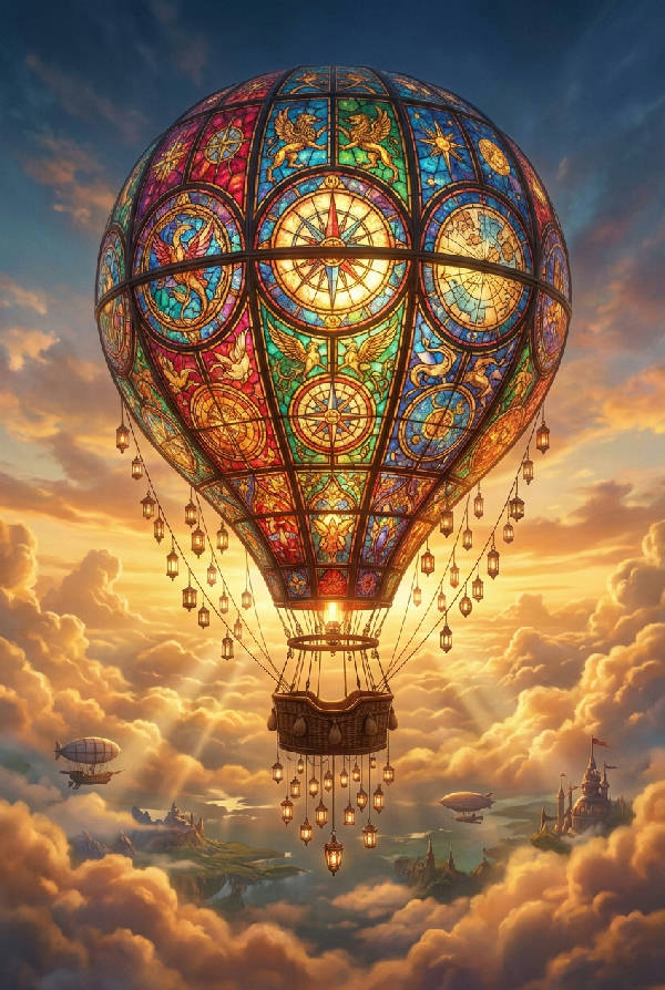Victorian-inspirerad varmluftsballong i färgglatt målat glas svävar över moln vid solnedgången, med små lyktor dinglande från korgen.