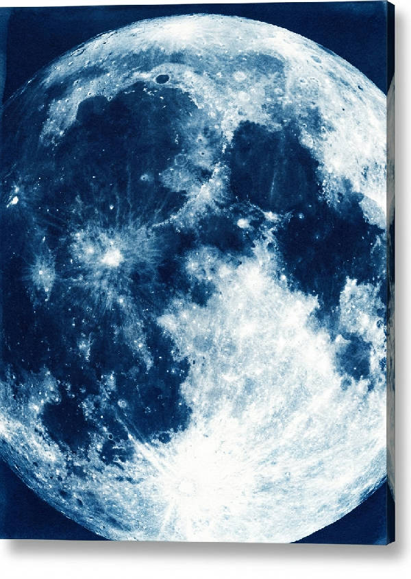 Helbilds cyanotyp print av en massiv, texturerad månyta, kratrar och hav i djup preussisk blå, indigo och skarpa vita toner.