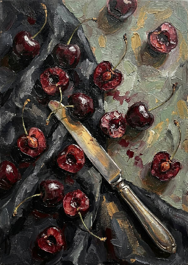 Impasto oljemålning av halvätna mörka körsbär utspridda på skrynkligt svart linnetyg, med en silvrig dessertkniv som reflekterar gyllene kvällsljus. Mycket texturerade penseldrag.