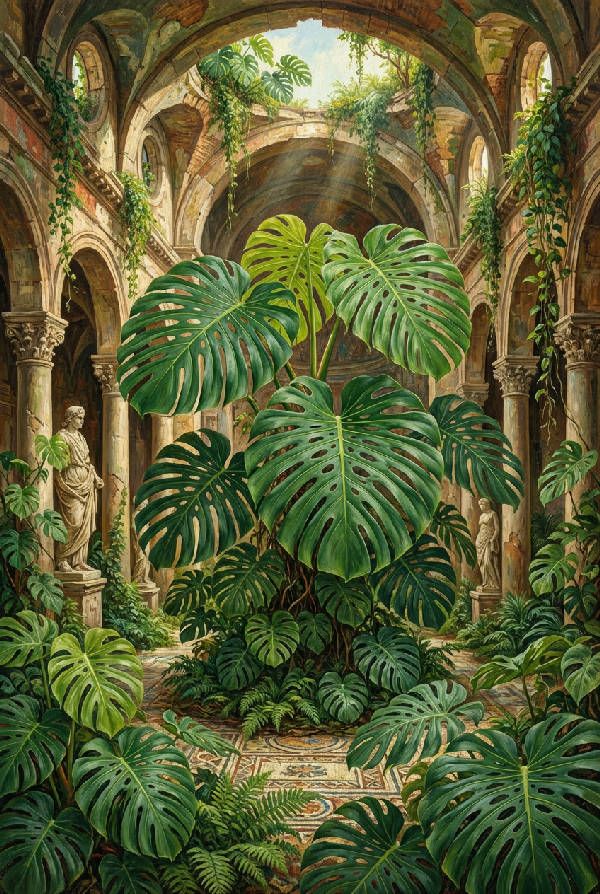 Närbild av en monstera i förgrunden, placerad i en antik romersk byggnad med stenväggar och valv. Gröna och beige toner.