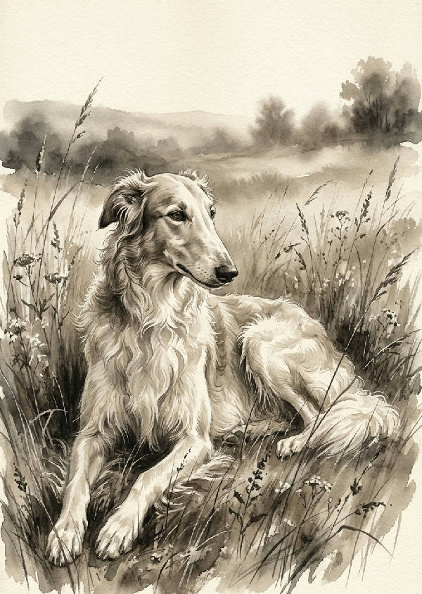 Klassisk bläcktvätt illustration av en elegant Borzoi hund som vilar bland högt, vilt gräs i sepiatoner.