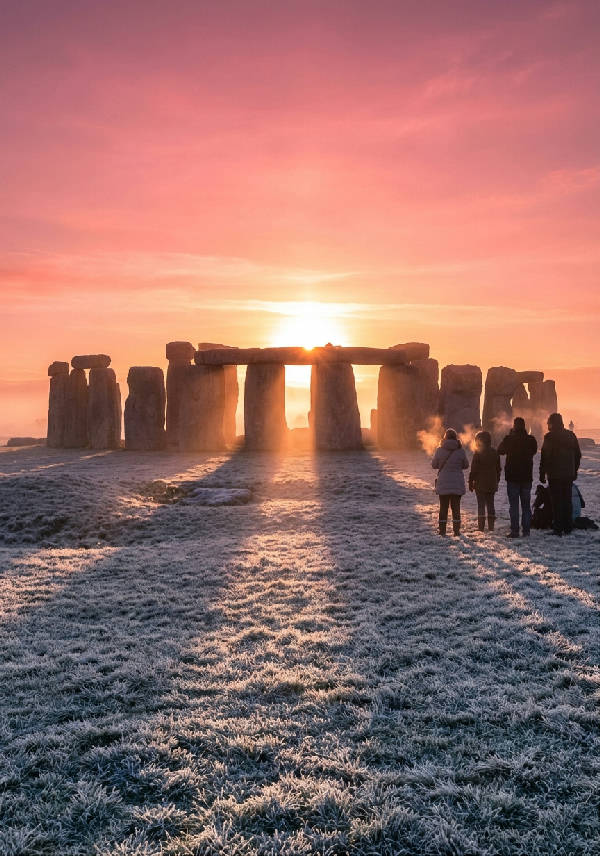 Hyperrealistisk bild av Stonehenge i soluppgången under vintersolståndet med frostiga stenar och orange-rosa himmel.