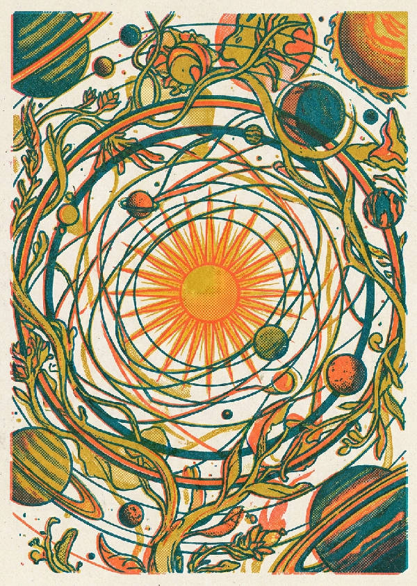 Retro-futuristisk himmelsk karta med planetbanor, solutbrott och organiska rankor. Risograf-stil i neonorange, djupt turkos och senapsgul.