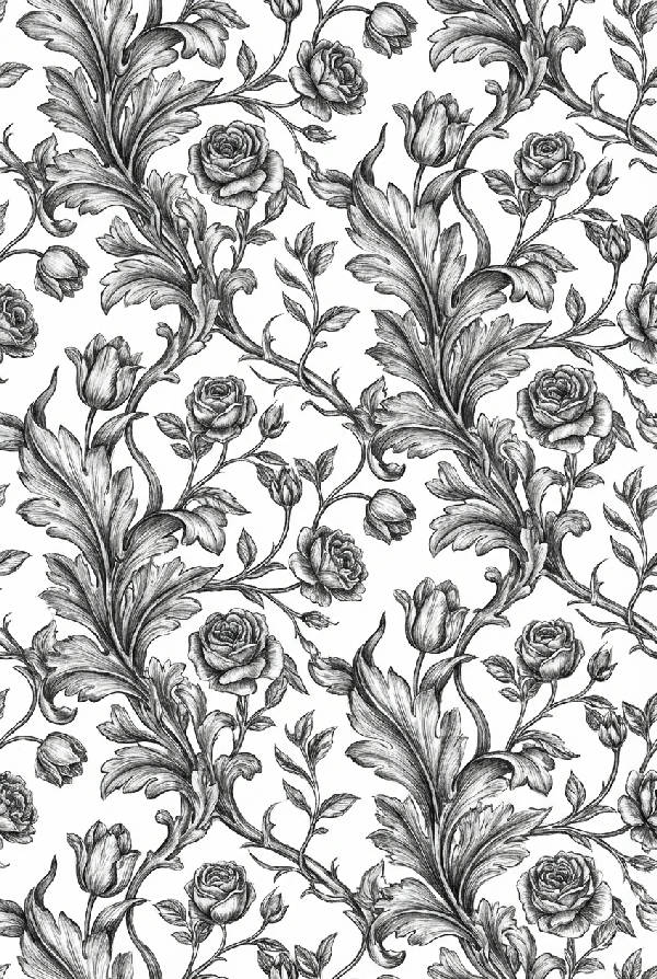 Närbild av ett detaljerat svartvitt blommigt mönster med upprepade blommor och blad på en vit bakgrund