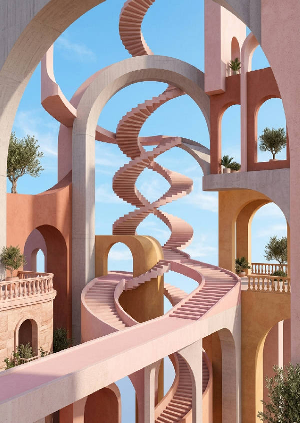 Abstrakt arkitektur i skira pastelltoner av lila, rosa och gult, med flytande former och drömsk känsla.