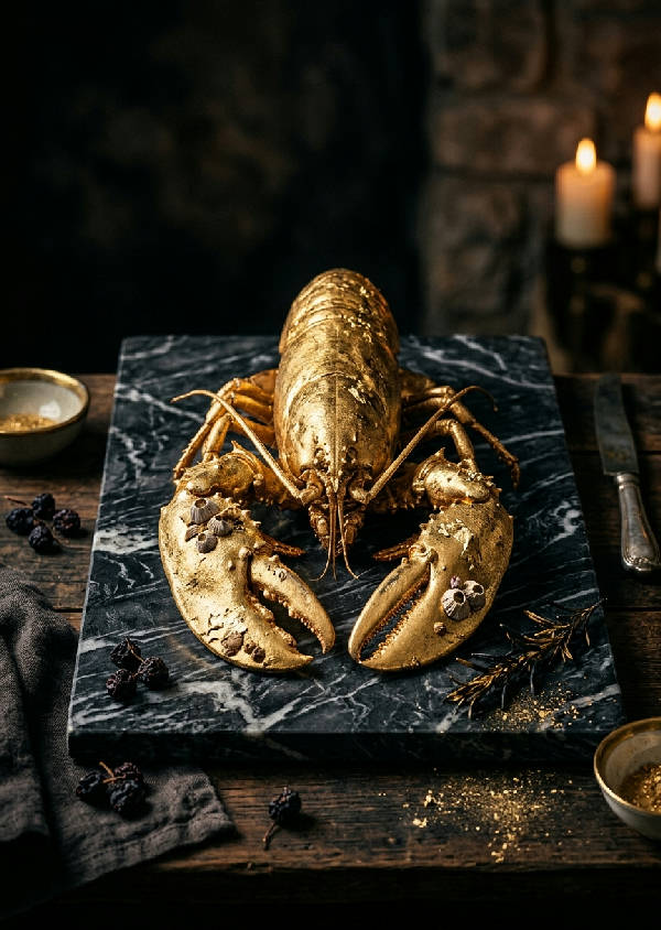 En gyllene hummer med skinande skal ligger elegant placerad på en slät, vit marmorskiva.