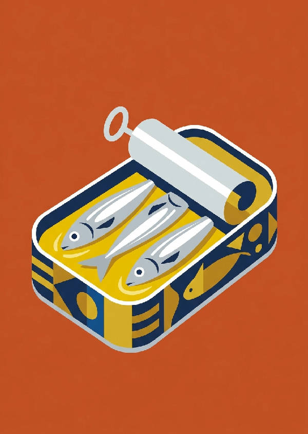 Grafisk mid-century modern illustration: öppen vintage sardinburk, tre silverfiskar i gul olja. Marinblå och senapsgul geometrisk förpackning på varm orange bakgrund.
