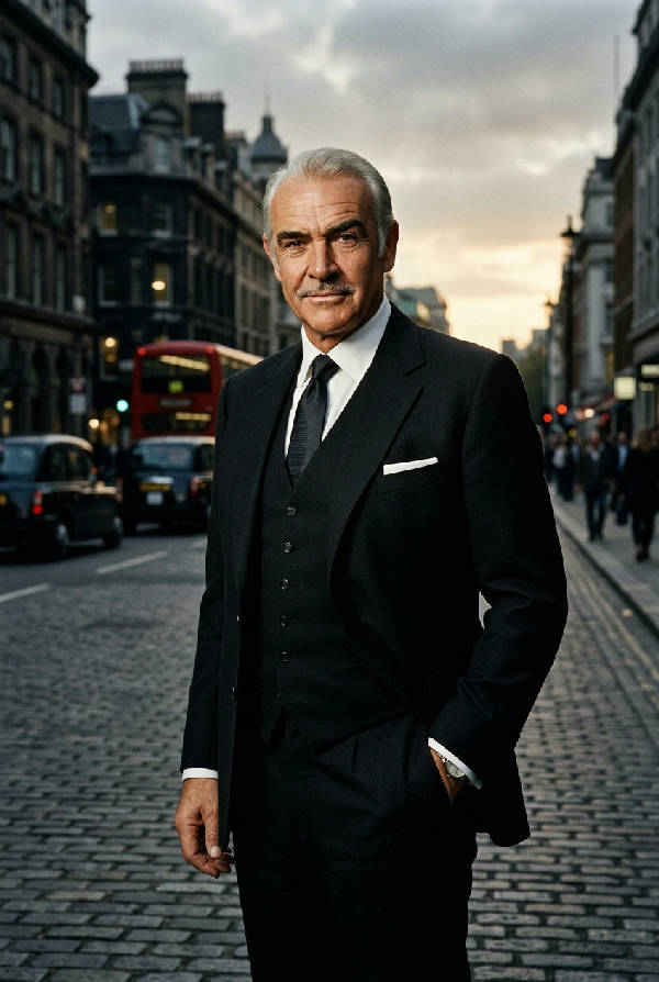 En elegant bild av skådespelaren Sean Connery i en svart kostym, med ett karismatiskt uttryck.