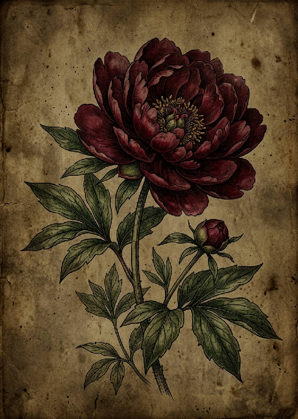 Närbild av en vintage botanisk illustration föreställande en blekrosa pion med gröna blad mot en neutral bakgrund