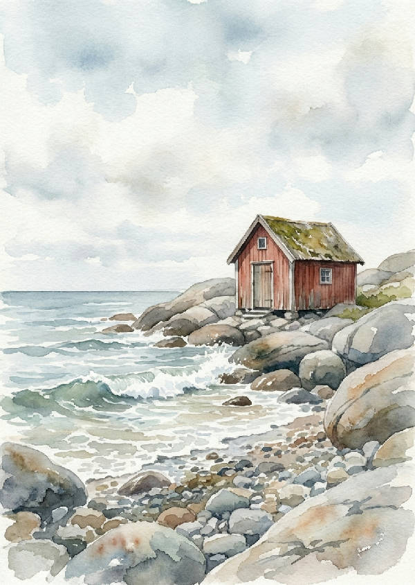 Delikat akvarellmålning av en röd fiskestuga bland gråa kustklippor vid havet, i nordisk minimalistisk stil.