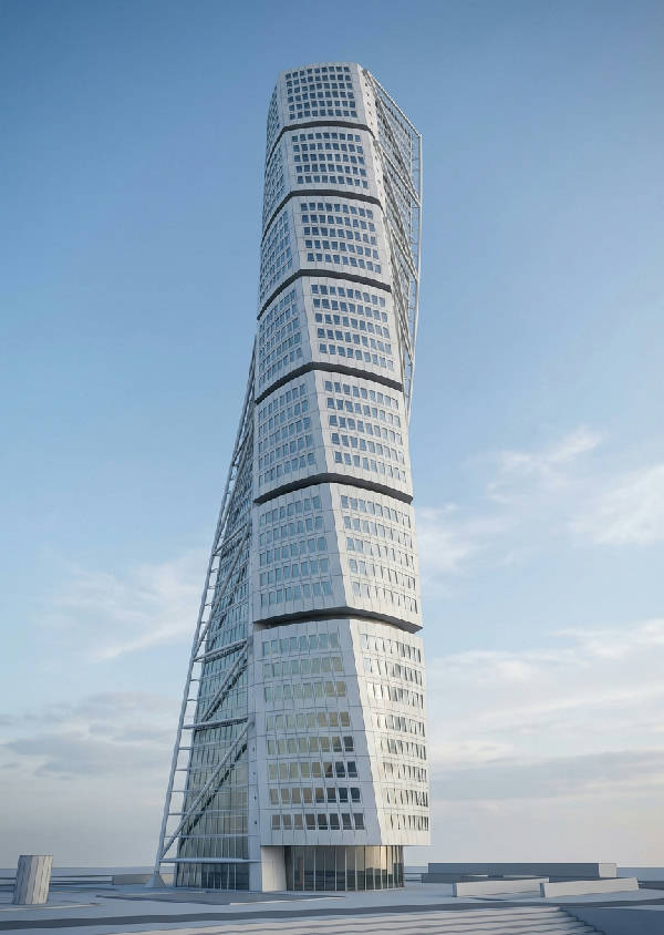 Detaljerad arkitektonisk illustration av Turning Torso i Malmö, Sverige, från en låg vinkel som betonar dess höjd och vridna form under en klarblå himmel.