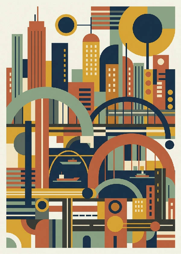 Geometrisk abstrakt stadssiluett i retro Bauhaus-stil. Svarta byggnadsformer mot ljus bakgrund i porträttformat.
