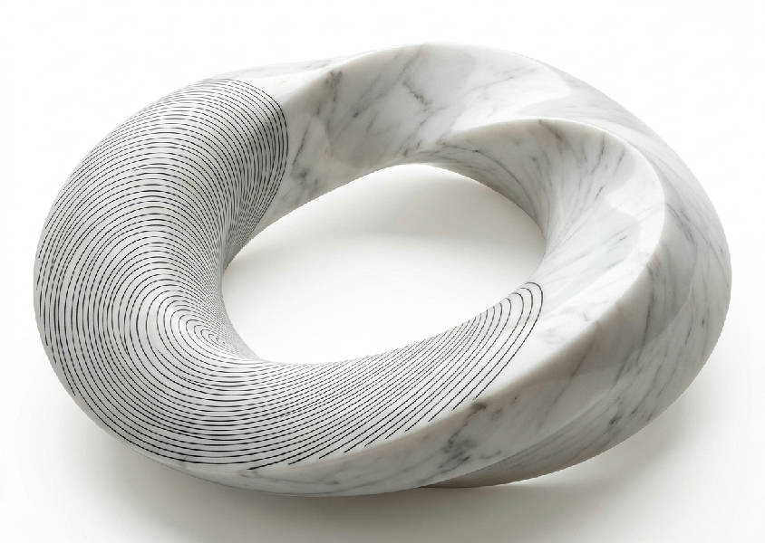 Abstrakt vit Möbius-skulptur i slät marmor med en tunn, etsad svart linje som spiraler längs ytan. Belyses av mjukt, diffust ljus mot en ren vit bakgrund.