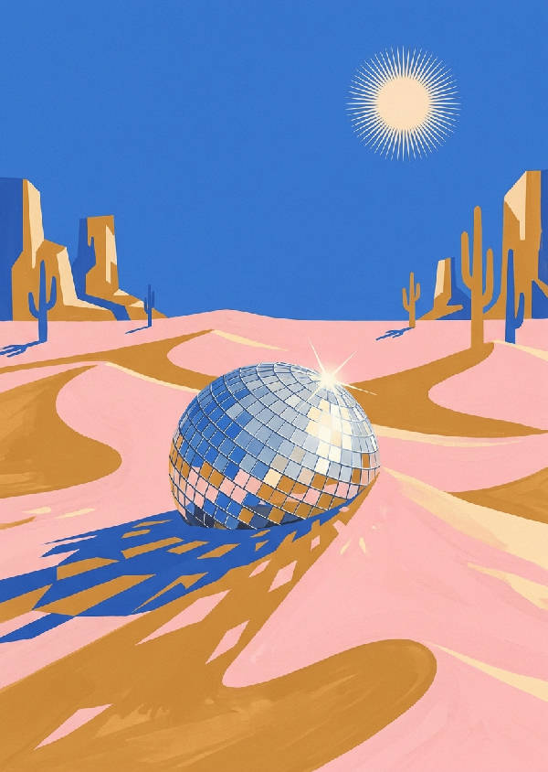 En halvbegravd discokula i sanddyner med starka geometriska skuggor under ökensolen.