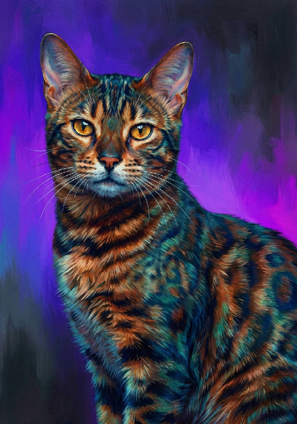 Närbild porträtt av en bengalkatt med slående markeringar mot en ren vit bakgrund