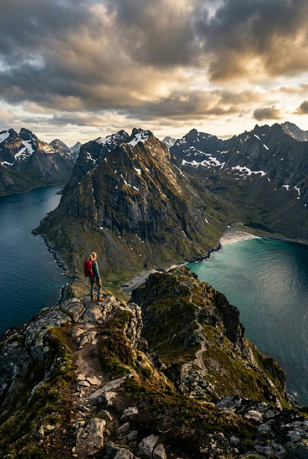 Episkt berglandskap i porträttformat med dimmiga toppar under en blå himmel, konstnärligt fotograferat