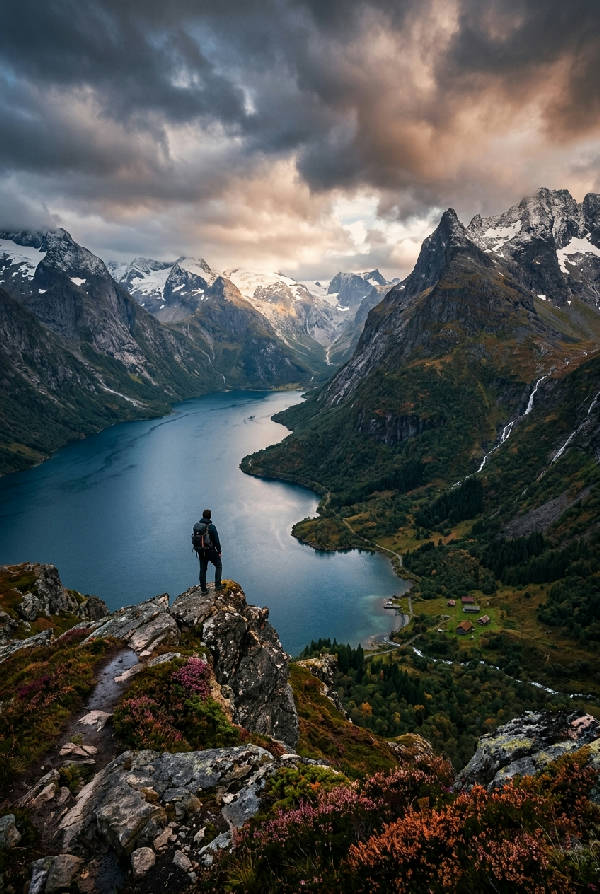 Måleriskt landskap med majestätiska berg, frodiga gröna dalar och en vidsträckt himmel.