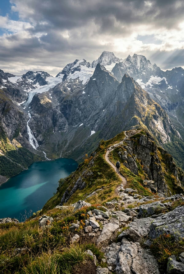Vertikal bild av ett storslaget blåtonat landskap med dimmiga berg och en lugn sjö vid soluppgången. Konstnärlig fotografi.