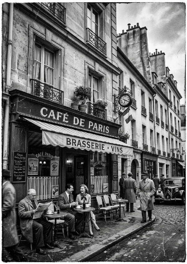 Svartvitt vintagefotografi av ett gammaldags gaturestaurang eller kafé med stolar och bord utomhus.