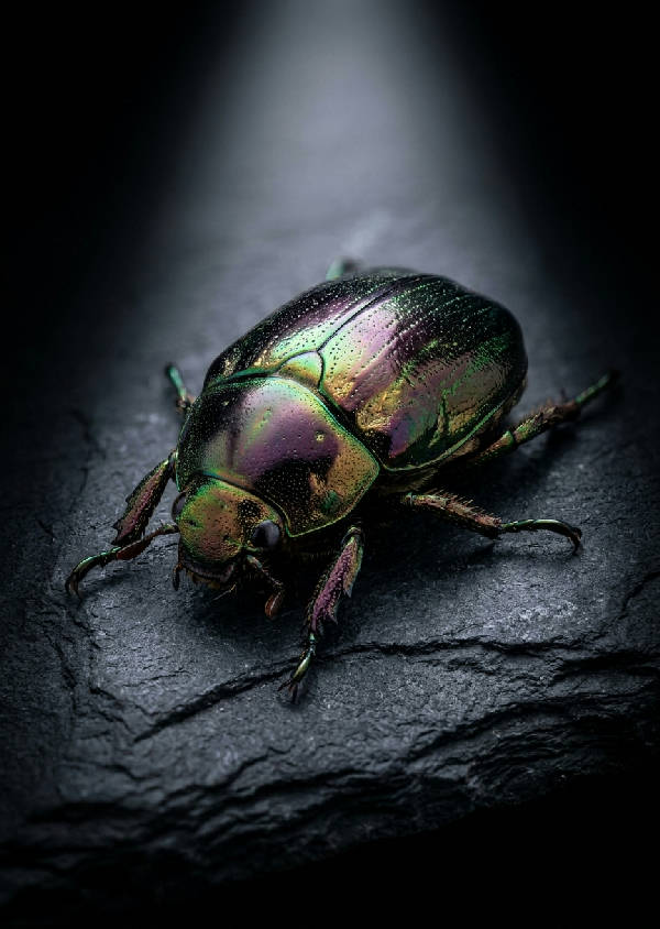 Närbild på en skimrande smaragdgrön, djupt lila och guldskimrande skalbagge i makrofotografi, vilande på en slät, mörk skifferskiva.