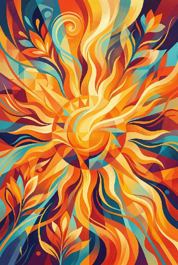 Abstrakt porträttkonstverk som skildrar stark solenergi med gula och orangea färggradienter i dynamiska former.