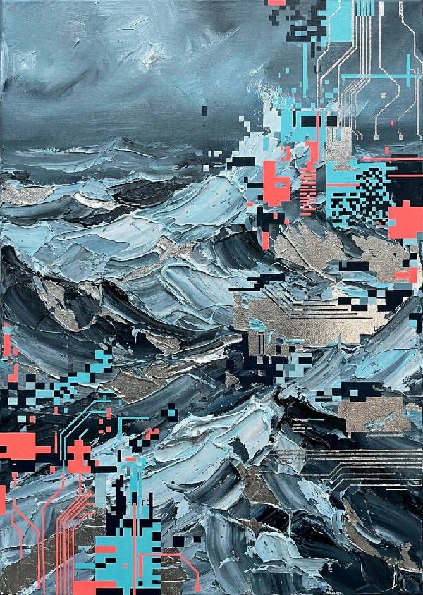 Impasto oljemålning av stormig havsvåg med digital glitchkonst, isblått, kolgrått, metalliskt silver och neonkorall.