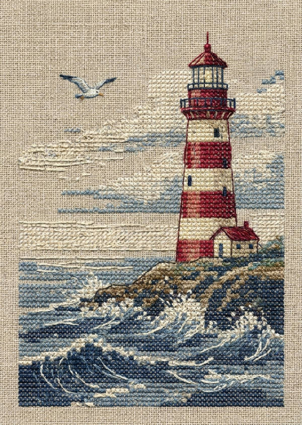 Detaljerad vintage nålpunkt broderi av en kustfyr scen med synliga trådar, korsstygn och vävd linfibertextur i porträttorientering
