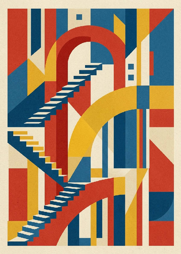 Abstrakt trappa i Bauhaus-stil med skarpa geometriska linjer och skuggor i grått.