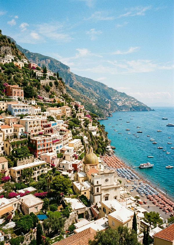 Vintagefotografi från italienska kusten med klarblått hav och klassiskt medelhavslandskap i stående format.